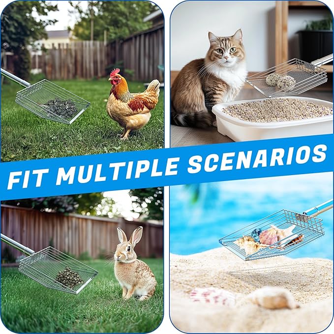 Chicken Poop Scooper, 304 Stainless Steel Shovel Head, 4-in-1 Chicken Litter Scoop with Handle for Chicken Coop & Pet Waste Cleaning, Multifunctional Litter Sifting Shovel(20 to 49")