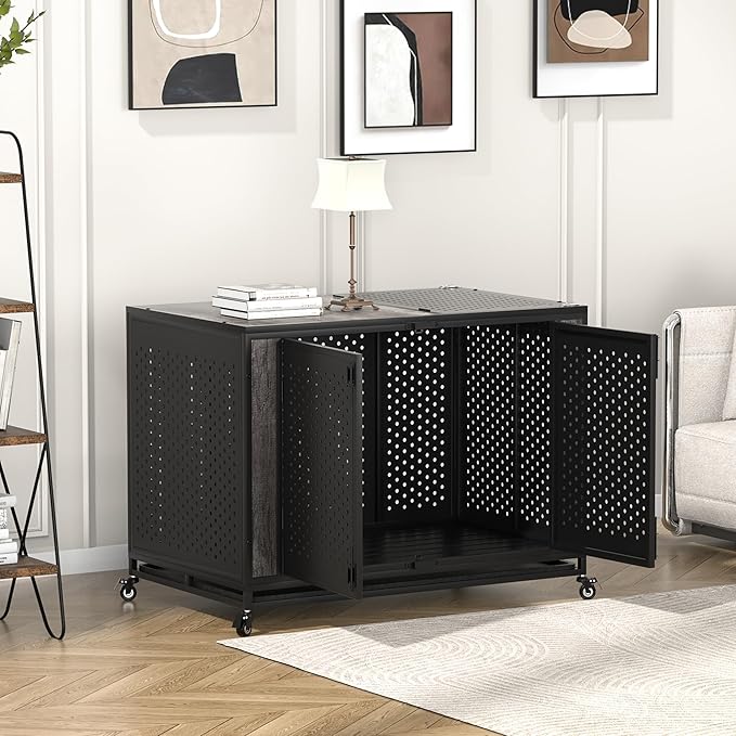 48" Heavy Duty Dog Crate Furniture for Extra Large Dogs, Enclosed Design with 0.5 inch Holes, Indestructible Metal Kennel for High Anxiety Dogs, Chew Proof Pet House Cage Indoor, Gray