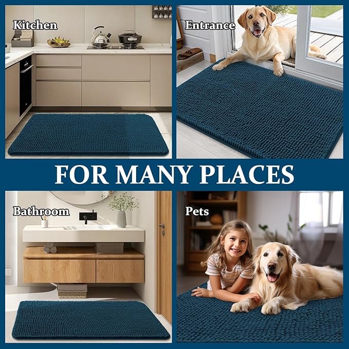 OLANLY Dog Door Mat for Muddy Paws 24x16, Absorbs Moisture and Dirt, Absorbent Non-Slip Washable Doormat, Quick Dry Chenille Mud Mat, Entry Indoor Entryway Carpet for Inside Floor, Atlantic Blue