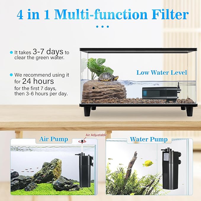 Aquarium U-V Filter for 10-40 gal, 132 GPH Swirl Turbo Design Submersible Internal Turtle Fish Tank Filter w/Timer, Quiet Power Pump Air Supply Green Clean Machine Saltwater Freshwater Green Killing