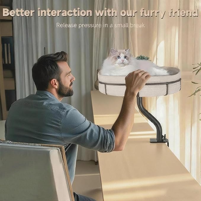 Cat Desk Bed - 360° Rotating Mount Attachment - Space-Saving Cats Hammock for Home Office/Computer Desks, Washable All-Season Indoor Pet Nest - Comfortable Perch