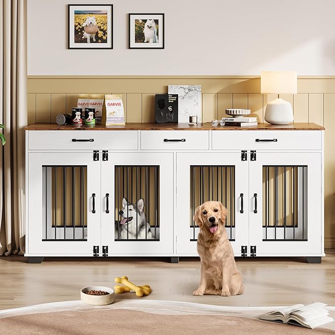 71 Inch Dog Crate Furniture for 2 Rooms, Wooden Double Crate Large Breed with Door, Dog Kennel Indoor, TV Stand End Table with Divider for Large Medium Dogs,White/Brown