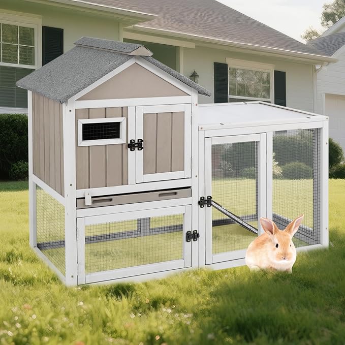 94''L Rabbit Hutch Outdoor Chicken Coop with Run, Wooden Indoor 2 Story Bunny House with Waterproof Roof, Pull Out Tray, Guinea Pig Rabbit Duck Cage for Small to Medium Animals and Pet Lover, Gray