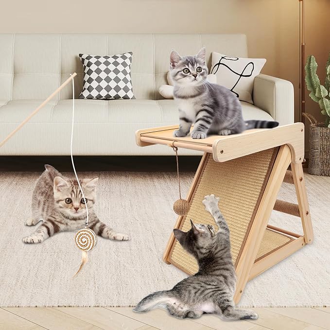 Cat Scratching Pads Sisal Pad Kitten Scratchers Ramp Kitty Scratcher Sisal Cat Scratcher Solid Wood Cats Scratching Board Platform Style (with Wooden Cat Teaser)