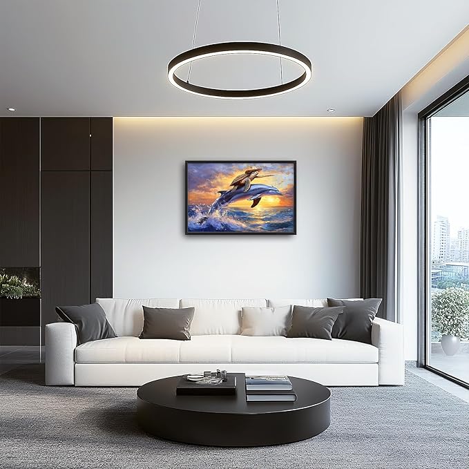 Large Funny Sea Turtle Wall Art for Living Room, Framed Oversized Ocean Dolphin Wall Decor Sunset Nautical Canvas Painting Modern Artwork Home Decoration for Bedroom Office 36"x24"