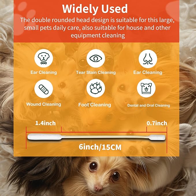 300 PCS 6 Inch Long Cotton Swabs in Box - Professional Large Cotton Swabs with Bamboo Handle - Double Sided Dog Ear Swabs - Specially Designed Big Cotton Swabs for Dog Ear, Cleaning Solution