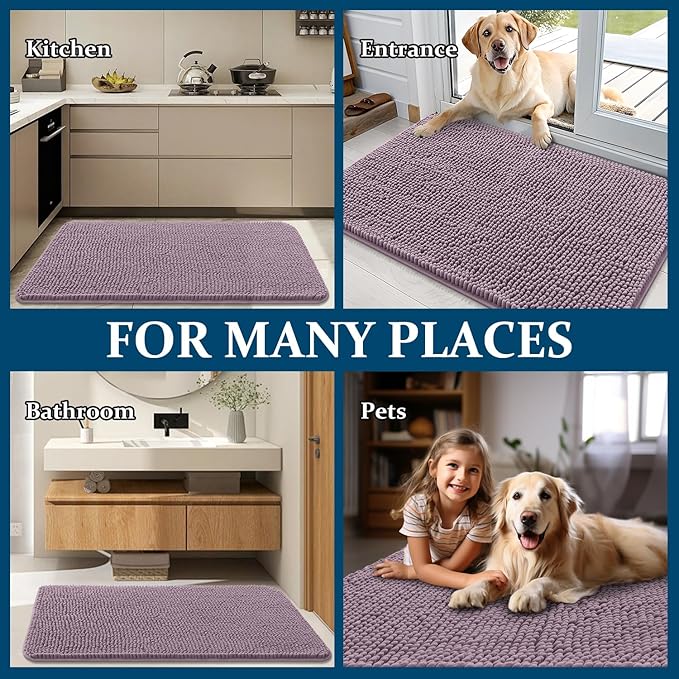 OLANLY Dog Door Mat for Muddy Paws 59x32, Absorbs Moisture and Dirt, Absorbent Non-Slip Washable Doormat, Quick Dry Chenille Mud Mat for Dogs, Entry Indoor Entryway Carpet for Inside Floor, Deep Plum