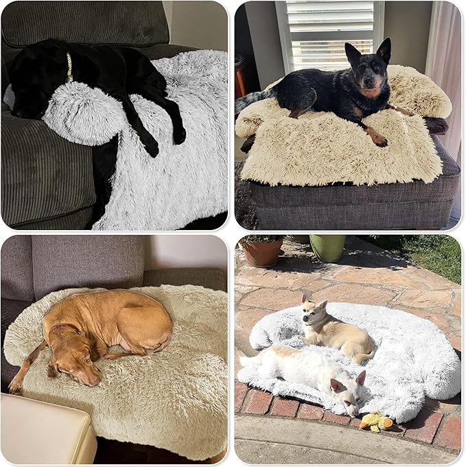 Calming Dog Bed Fluffy Plush Dog Mat for Furniture Protector with Removable Washable Cover for Large Medium Small Dogs and Cats (Large, Beige)