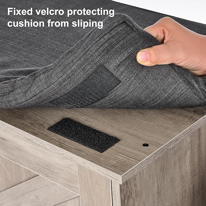 2-Tier Storage Bench, Shoe Bench with Padded Seat Cushion, Entryway Bench with 4 Barn Doors, Adjustable Shelf, 13.8" D x 47.2" W x 17.7" H, for Entryway, Living Room, Bedroom, Greige