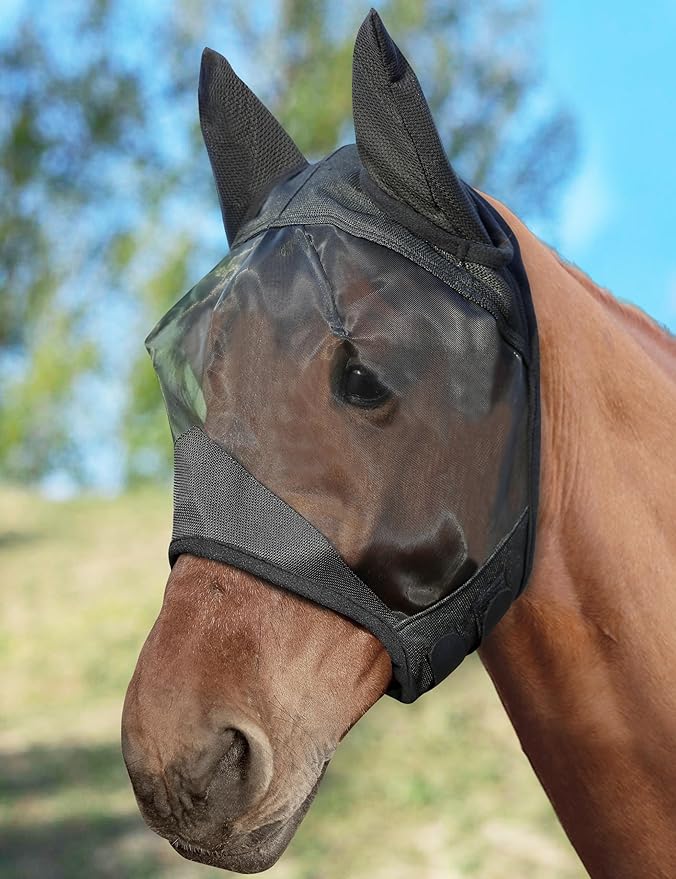 Horse Fly Mask Half Face with Ears, Full Face UV Protection for Horses, Breathable Fine Mesh Equine Fly Mask, L - Full