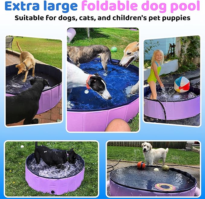 2025 Updated Foldable Dog Pool, 71" x 12" Kiddie Pool with Hard Plastic, Non-Slip Dog Bath Tub for Outdoor Backyard, Collapsible Dog Swimming Pool for Kids Dogs Pets (Pink)