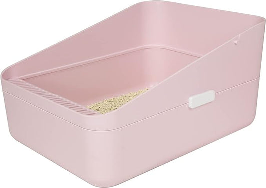 Sfozstra Open High-Sided Litter Box: Pink Medium Anti-Scatter Design - Self-Cleaning Sifting Tray - Low Tracking for Small Cats