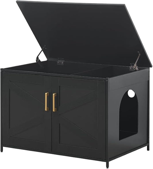 unipaws Black Top Opening Cat Litter Box Enclosure, Flip Top XL Extra Large Cat Box Furniture, Friendly to Elderly People, High Jumbo Automatic Litter Box Cover Hidden for Large Cat