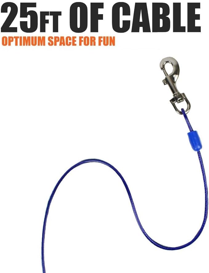 BV Dog Tie Out Cable 25 Feet - Heavy Duty Dog Lead Up to 60 Pounds - Reflective & Rust-Free with Quick Release Swivel Clips & 360° Rotating Clasp - Tangle-Free Dogs Runner for Yard (Blue, Pair)