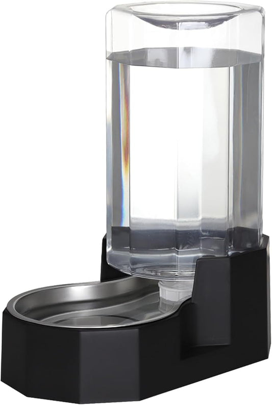 Sfozstra Large Dog Water Dispenser: 8L Automatic Black Water Feeder with Stainless Steel Bowl - Without Filter - Gravity Design for Multiple Pets Indoor/Outdoor