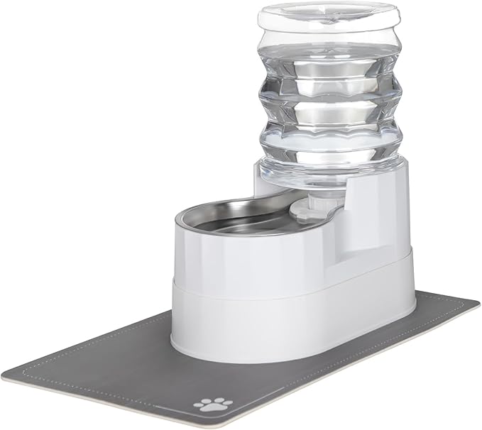 RIZZARI Automatic Pet Water Dispenser: 5L White Cats and Dogs Gravity Feeder - Stainless Steel Bowl - Outdoor Hiking Use