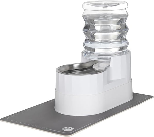 RIZZARI Automatic Pet Water Dispenser: 5L White Cats and Dogs Gravity Feeder - Stainless Steel Bowl - Outdoor Hiking Use