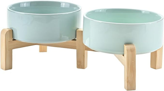 SPUNKYJUNKY Elevated Dog Bowls Ceramic, 5.1'' Dogs and Cat Food Water Bowls Raised with Non-Slip Bamboo Stand for Puppy Small Sized Breed Microwave Dishwasher Safe - 13.5 OZ,Light Green