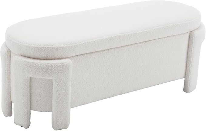 Modern Upholstered Storage Bench, Boucle Sherpa Fabric 50" Long Entryway Bench with Storage and Seating, Comfy Cute Ottoman Bench for Living Room/End of Bed/Hallway, White