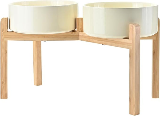 SPUNKYJUNKY Elevated Dog Bowls Ceramic, 8.3'' Dogs Food Water Bowls Raised with Non-Slip Bamboo Stand for Large Sized Breed Microwave Dishwasher Safe - 60 OZ,Beige