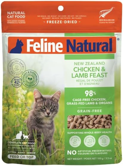 Feline Natural High Protein Dry Cat Food, Freeze-Dried Diet with 98% Meat, Organs & Seafood, No Peas, Grains, or Artificial Additives, Made in New Zealand, Chicken & Lamb, 3.5oz