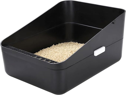 Sfozstra Open Top Litter Box: Black Medium Size with High Sides & Anti Leak Design, Easy Clean Litter Pan for Home Cats