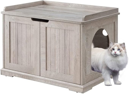 unipaws Cat Litter Box Enclosure Furniture, Hidden Litter Box Cover Washroom, Dog Proof Cabinet for Large Cat, Hideaway House, Weathered Grey