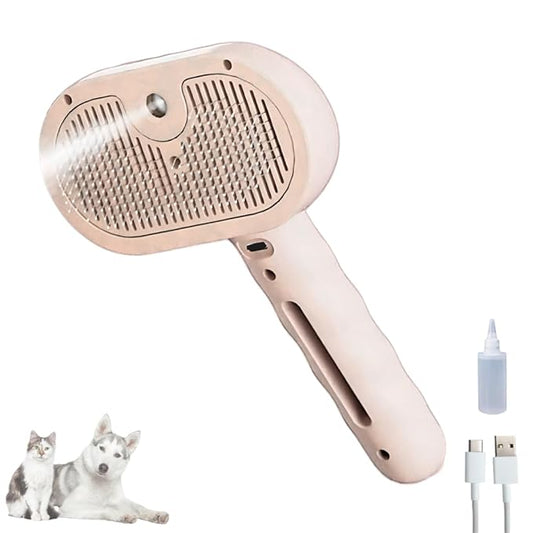 Pet Steam Brush for Cats Dogs, 3-in-1 Cat Grooming Tool with Water Spray and Quick Hair Release Button, Hair Removal Comb for Shedding, Steamy Brush (Pink)