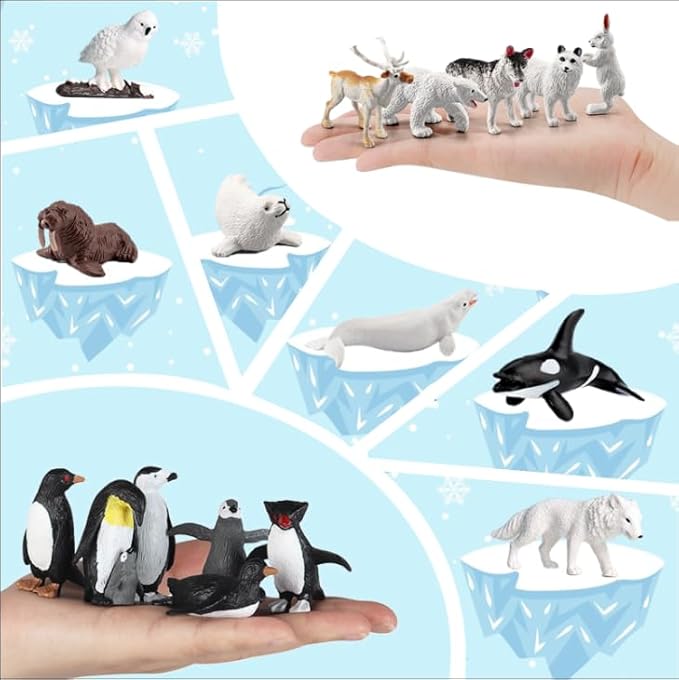 26Pcs Arctic Animal Figures - Polar Animal Toys Figurines with Penguins Arctic Fox Wolf Polar Bear Reindeer - Miniature Toys Cake Topper Christmas Birthday Gift for Kids & Toddlers