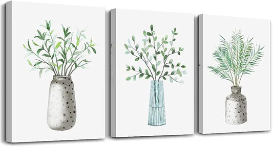 AHUASJART Canvas Wall Art - Paintings for Kitchen, Dining Room, Family Wall Decor - Green Leaf Vase, 3 Piece