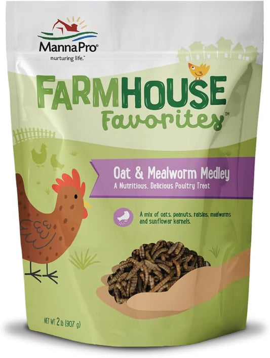 Manna Pro Farmhouse Favorites Oat & Mealworm Mix Poultry Treat – Natural Protein Source – Encouraging Poultry Treat – Mix of Oats, Peanuts, Raisins, Mealworms, Sunflower Kernels – 2lbs