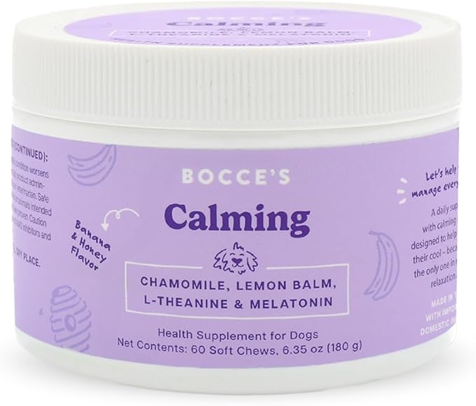 Bocce's Bakery Calming Supplement for Dogs, Daily Chews Made in The USA with Chamomile, Lemon Balm, L-Theanine & Melatonin, Supports Stress, Peanut Butter & Honey, 60 ct