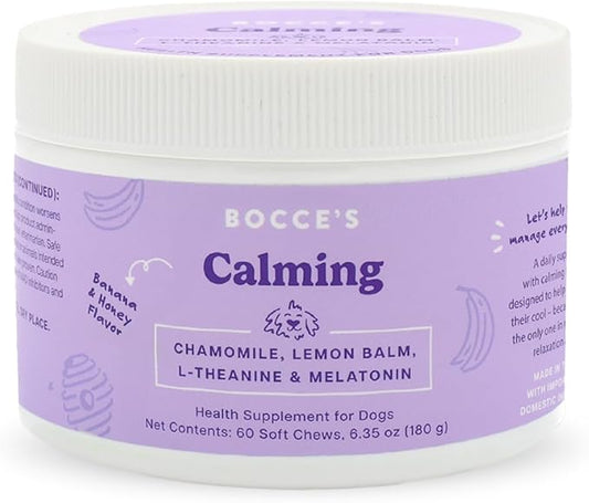 Bocce's Bakery Calming Supplement for Dogs, Daily Chews Made in The USA with Chamomile, Lemon Balm, L-Theanine & Melatonin, Supports Stress, Peanut Butter & Honey, 60 ct