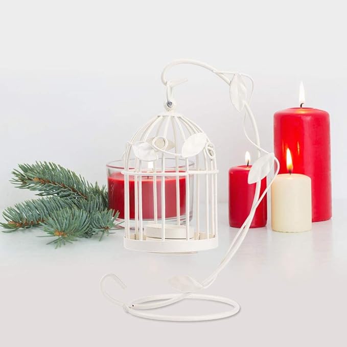 Birdcage Candle Holder, Hanging Candle Holder Decorative Bird Cages Bird Cage Decor Vintage Metal Candlestick for Wedding, Party(White)