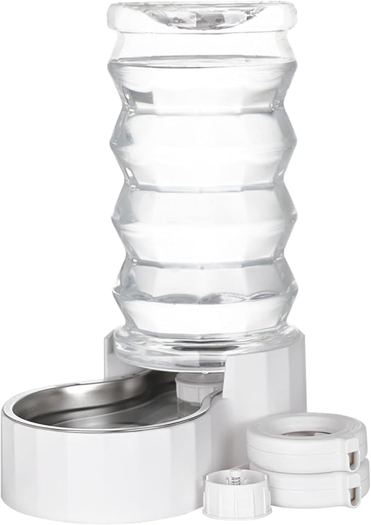 RIZZARI Large Gravity Water Dispenser: 8L Automatic Upgraded Water Feeder with Stainless Steel Bowl - Two Caps and Filters for Pets Indoor/Outdoor Use by Owners