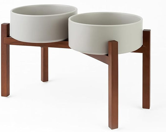 SPUNKYJUNKY Raised Ceramic Dog Bowls Set with Non-Slip Acacia Wood Stand for Large Sized Dog(60.87 OZ, Gray)