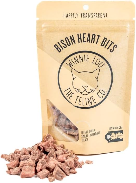Grass-Fed Bison Heart Bits Cat Treats (Pack of 3) - Single Ingredient, High Protein Cat Food Snacks, Grain Free & Made in USA, with Taurine, Iron & Zinc for Healthy Cats