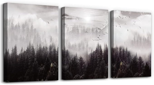 Large Size Canvas Wall Art For Living Room Boho Wall Decor For Bedroom Wall Decorations For Office Foggy Forest Trees Wall Paintings Scenery Wall Pictures Artwork Home Decoration 20" X 28" 3 Piece