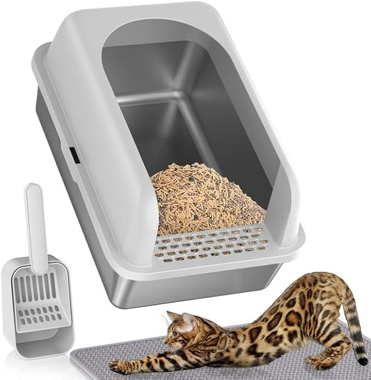 Stainless Steel Litter Box with Lid, Metal Litter Box with Cat Litter Mat,Extra Large Enclosed Cat Litter Boxes for Multiple Cats, Anti-Leakage,Non-Stick, Easy to Clean, Included Mat, Scoop