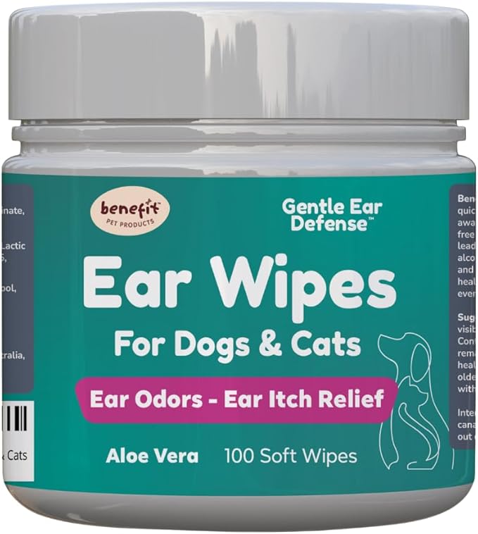 Benefit Pet Products Dog Ear Wipes - Ear Cleaner for Dogs to Prevent Infections, Itching & Odor - Aloe & Eucalyptus, Grooming Wipes - 100 Count