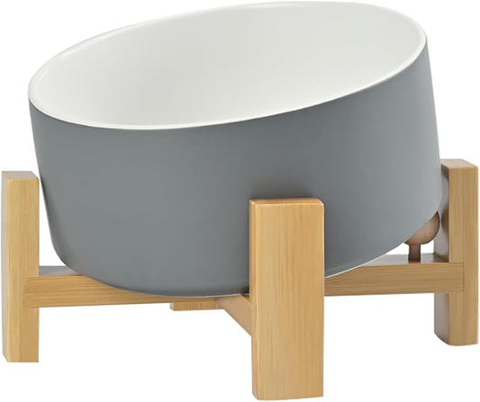 SPUNKYJUNKY 15° Slanted Ceramic Dog and Cat Bowl with Wooden Stand, Tilted Bulldog Food and Water Bowl No Slip Non-Spill for Cats Medium Dogs Big Face Pets 28.7 OZ (3.6 Cups, White-Grey)