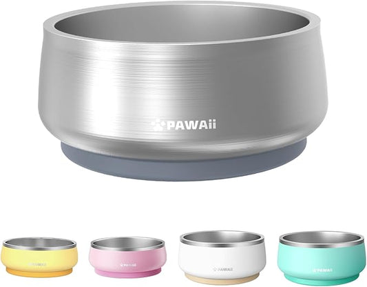 Pawaii Stainless Steel Dog Bowl with Non-Slip Rubber Base & Double Wall Insulation - Durable Design | Includes ID Tag | Dishwasher Safe Food & Water Bowl for All Dogs (68oz)