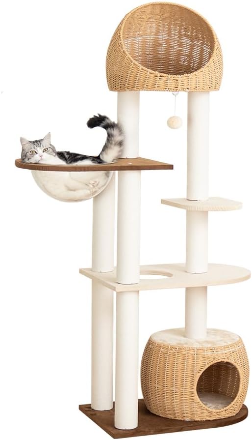 Wood Cat Tree 60'' with Woven Beds, 5-Level Natural Cat Condo with Sisal Posts & Clear Bubble Lounge, Multi-Level C at Furniture for Indoor Pets, Easy to Assemble (Brown-Particle Board)