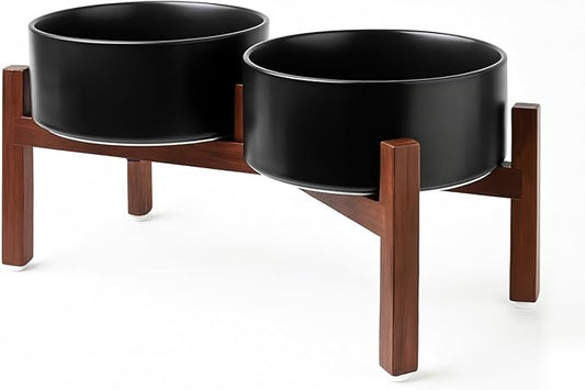 SPUNKYJUNKY Raised Ceramic Dog Bowls Set with Non-Slip Acacia Wood Stand for Medium Sized Dog(42.27 OZ, Black)