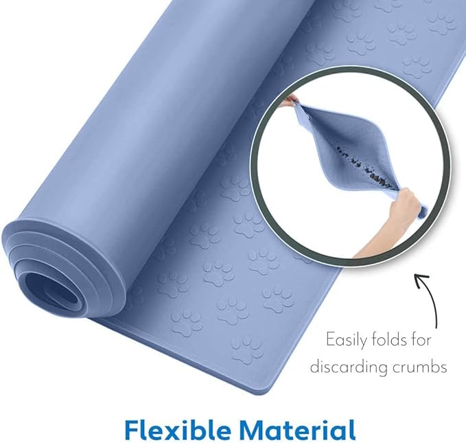 MIGHTY MONKEY 100% Waterproof Dog Food Mat, Raised Edges Silicone Pet Feeding Placemat for Cat, Dogs, Pet Bowls, High Lipped Tray Prevents Water Spills, Food on Floor, Dishwasher Safe, 24x16, Lt Blue