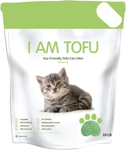 I AM TOFU - Tofu Cat Litter, Natural Flushable, Dust Free, Extra Clumping Pellet Litter (10 LBS, Green Tea)