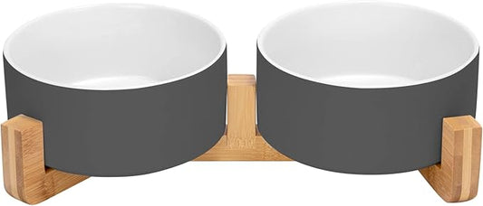 SPUNKYJUNKY Ceramic Dog and Cat Bowl Set with Wooden Stand, Modern Cute Weighted Food Water Set for Small Size Dogs (13.5OZ) & Medium Sized Dogs (28.7OZ) & Cats (3.6 Cups, 2 × White-Grey)