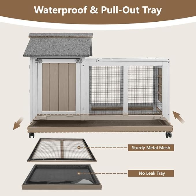 76''L Rabbit Hutch Outdoor Indoor with Wheels, Wooden 2 Story Bunny House Rabbit Cage with Run, Waterproof Roof, Pull Out Tray, Guinea Pig Cage Chicken Coop for Small to Medium Pets