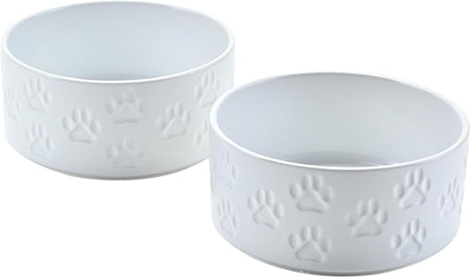 SPUNKYJUNKY Ceramic Dog and Cat Bowls 2 Pack, 5.1'' Dog and Cat Food Water Double Feeding Bowls Non-Slip for Cats and Puppy Small Sized Breed Dogs Microwave Dishwasher Safe - 13.5 OZ, 2pcs, Paw White
