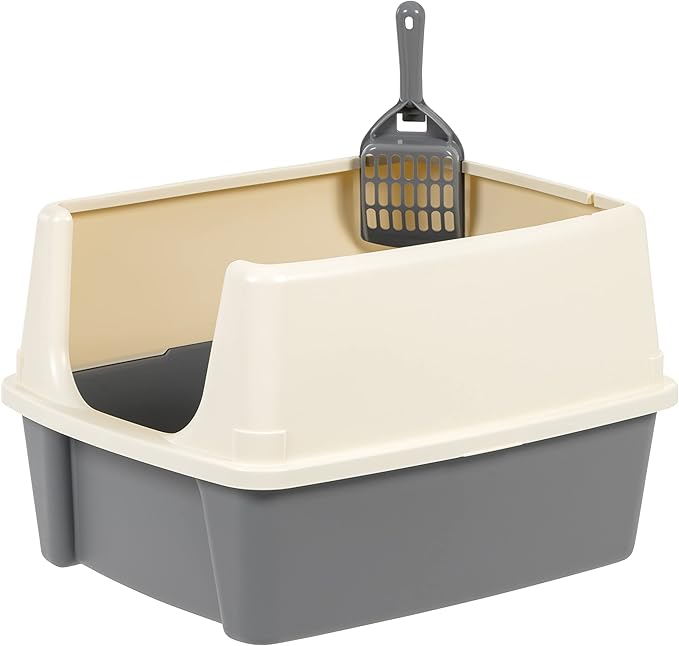 Amazon Basics Large Cat Litter Box with High Sides, Open Top, Includes Scoop, 19 x 15 x 11.75 inches, Grey/Beige